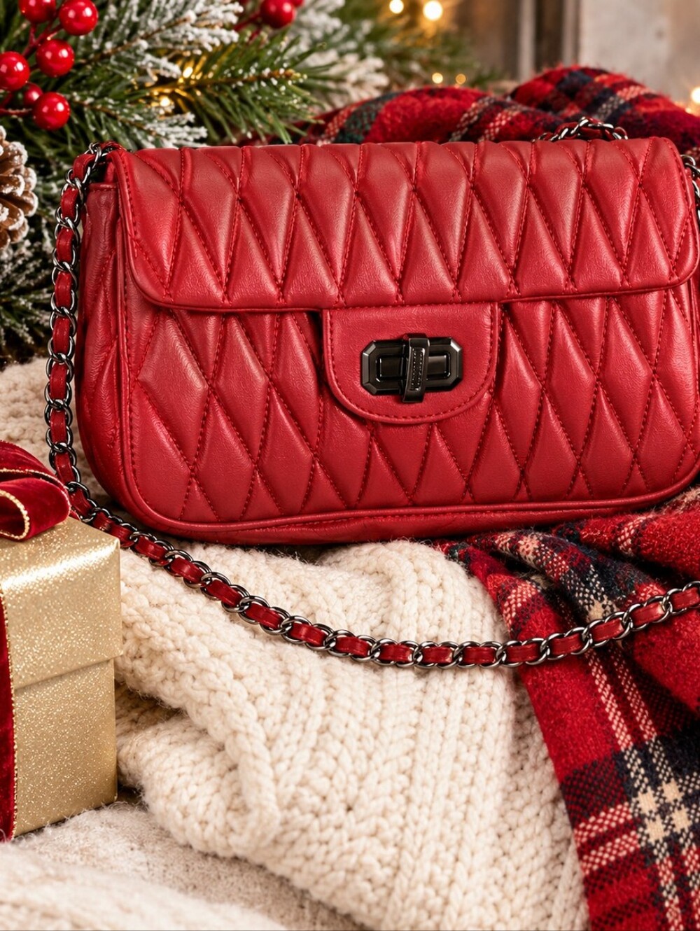 Badgley Mischka BMH-534 Dark Red Mini Quilted Messenger Crossbody Bag NWT
